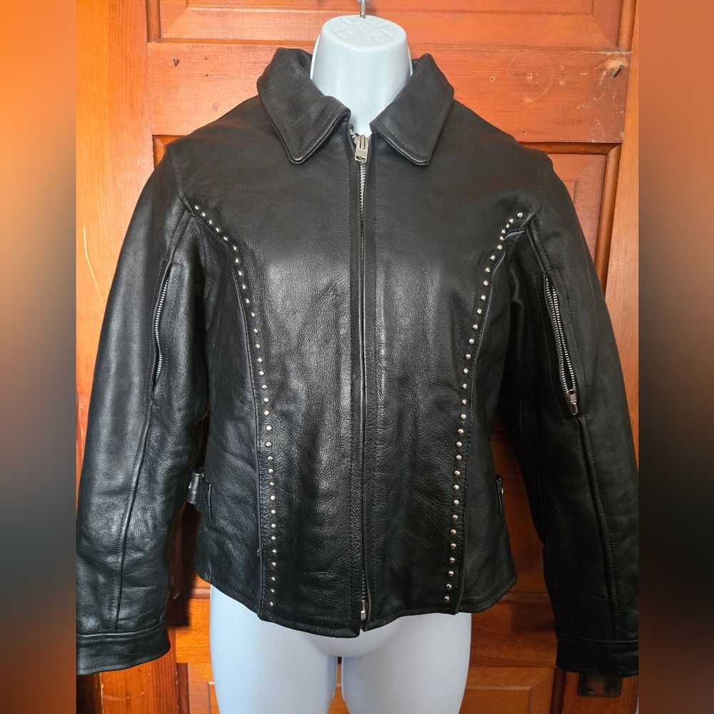 Unik International ladies' black leather studded motorcycle jacket Size XS